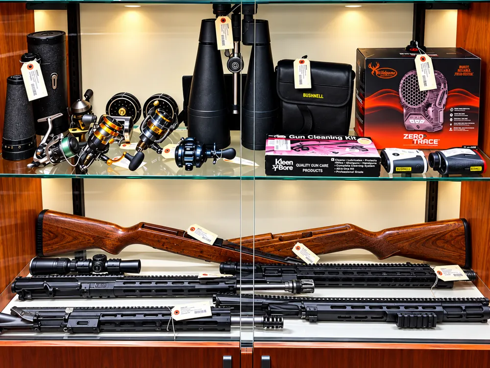 Display cabinet with binoculars, fishing reels, rangefinders, gun cleaning kits and rifles at Twin Cities Gun & Pawn